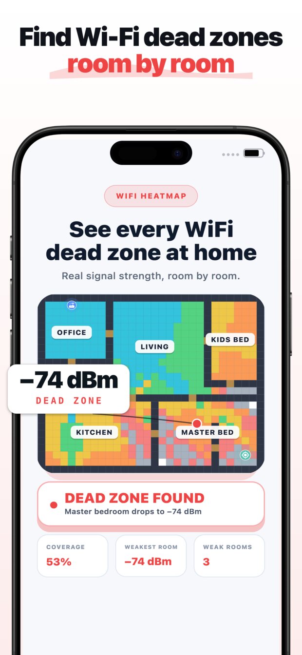 Range Up heatmap showing a Wi-Fi dead zone in a bedroom